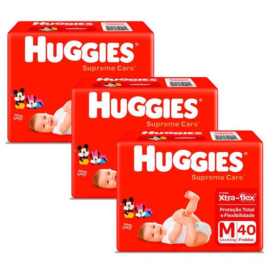 Kit 3 Fralda Huggies Supreme Care Tamanho M Mega 40 Unidades Descartáveis Imagem de Kit 3 Fralda Huggies Supreme Care Tamanho M Mega 40 Unidades Descartáveis