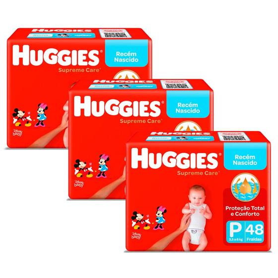 Imagem de Kit 3 Fralda Huggies Supreme Care Tamanho P Mega 48 Unidades Descartáveis cada