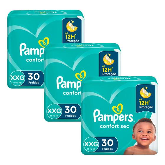 Imagem de Kit 3 Fralda Pampers Confort Sec Tamanho XXG Pacote Mega com 30 Fraldas Descartáveis cada