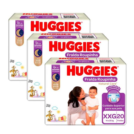 Imagem de Kit 3 Fralda Roupinha Huggies Natural Care Tamanho XXG Pacote Mega 20 Unidades Descartáveis Cada