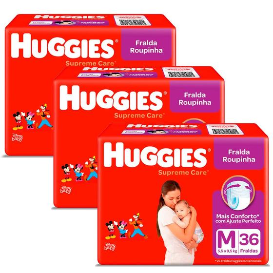 Imagem de Kit 3 Fralda Roupinha Huggies Supreme Care Tamanho M Pacote Mega 36 Unidades Descartáveis