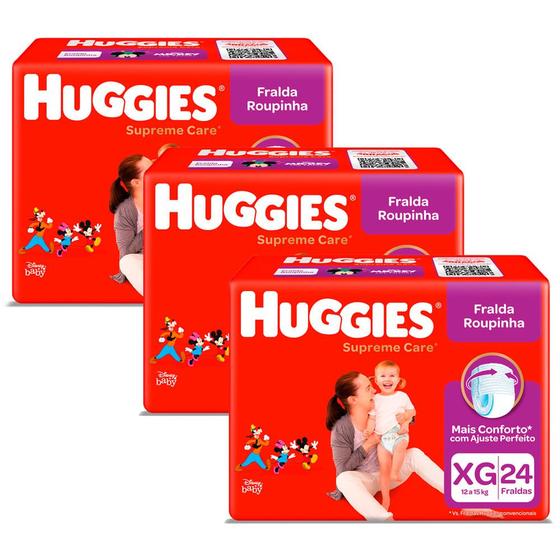 Imagem de Kit 3 Fralda Roupinha Huggies Supreme Care Tamanho XG Pacote Mega 24 Unidades Descartáveis cada