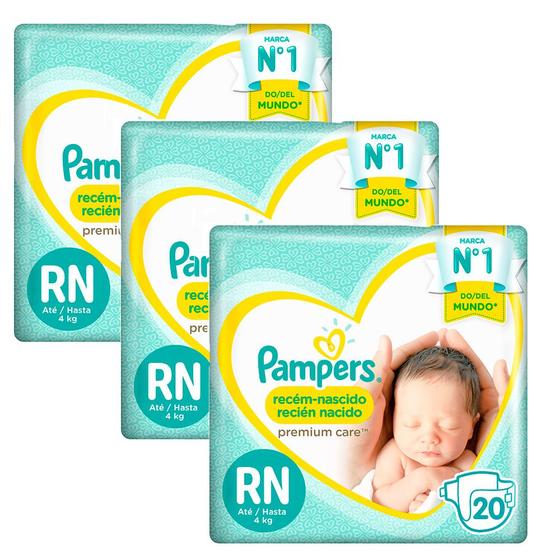 Imagem de Kit 3 Fraldas Descartáveis Pampers Premium Care Recém-Nascido RN 20 Unidades