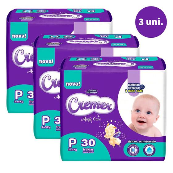 Imagem de Kit 3 Fraldas Descartável Cremer Magic Care Jumbo P com 90 unidades   BARATO REVENDA