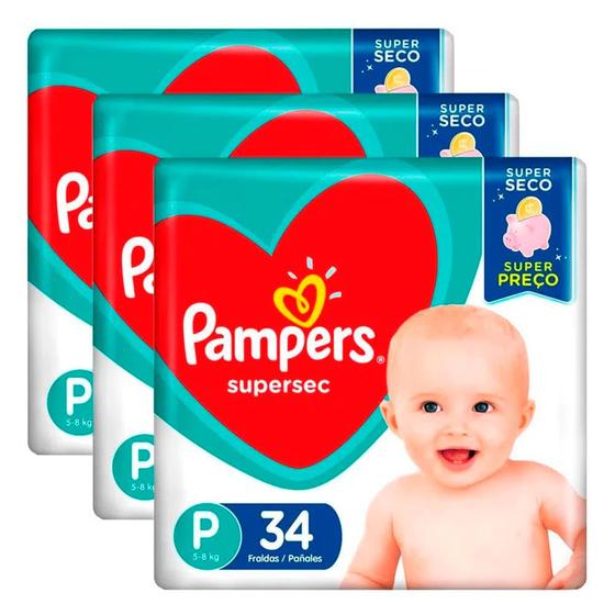 Kit 3 Fraldas Descartável Pampers Supersec Pacotão P 102 Unidades Menor preço em Kit 3 Fraldas Descartável Pampers Supersec Pacotão P 102 Unidades