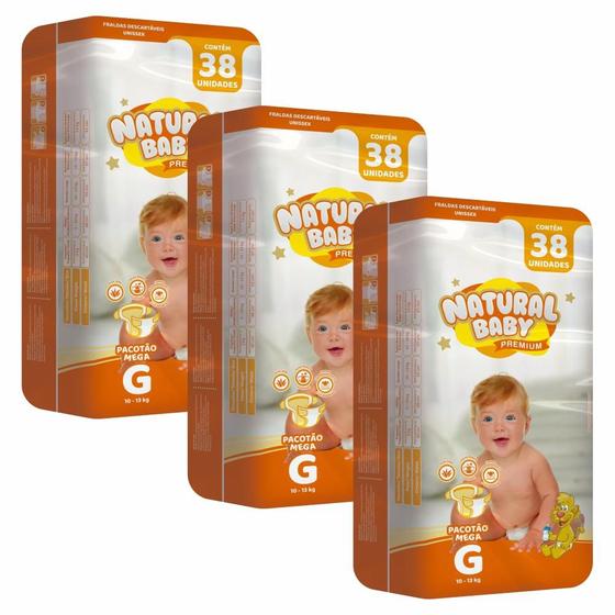 Imagem de Kit 3 Fraldas Natural Baby Premium Mega Pacotão G 38 un.