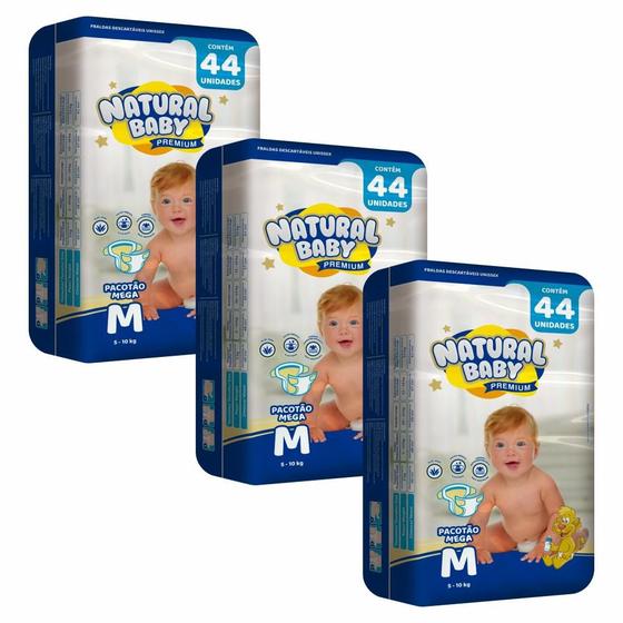 Imagem de Kit 3 Fraldas Natural Baby Premium Mega Pacotão M 44 un.