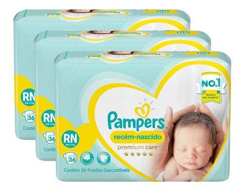 Imagem de KIT 3 FRALDAS PAMPERS PREMIUM CARE RN 4 kg 36un