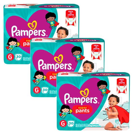 Kit 3 Fraldas Pampers Super Pants Pacotão G - 90 Tiras Menor preço em Kit 3 Fraldas Pampers Super Pants Pacotão G - 90 Tiras