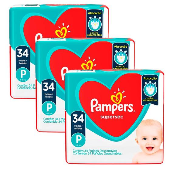 Imagem de Kit 3 Fraldas Pampers Supersec Pacotão Econômico P - 102 Tiras