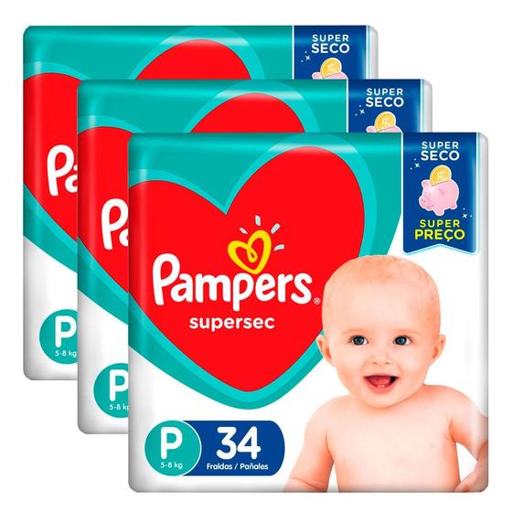 Kit 3 Fraldas Pampers Supersec Pacotão Econômico P - 102 Tiras Menor preço em Kit 3 Fraldas Pampers Supersec Pacotão Econômico P - 102 Tiras