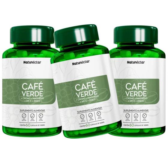 Imagem de Kit 3 Frasco Extrato Café Verde Suplemento Alimentar Natural Coffee Green Natunéctar 180 Cápsulas Natural 100% Puro Original