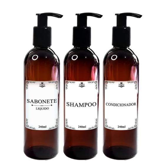 Imagem de Kit 3 Frasco Pet Ambar 240ml Decoração Minimalista Banheiro Sabonete Liquido - Shampoo - Condicionador com Válvula Pump  Pote