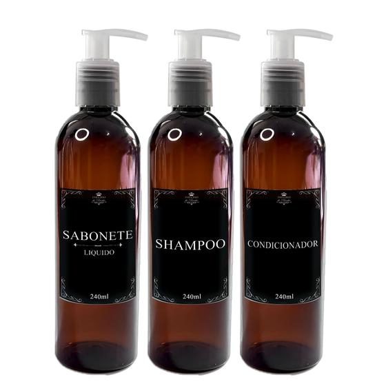 Imagem de Kit 3 Frasco Pet Ambar 240ml Decoração Minimalista Banheiro Sabonete Liquido - Shampoo - Condicionador com Válvula Pump  Pote