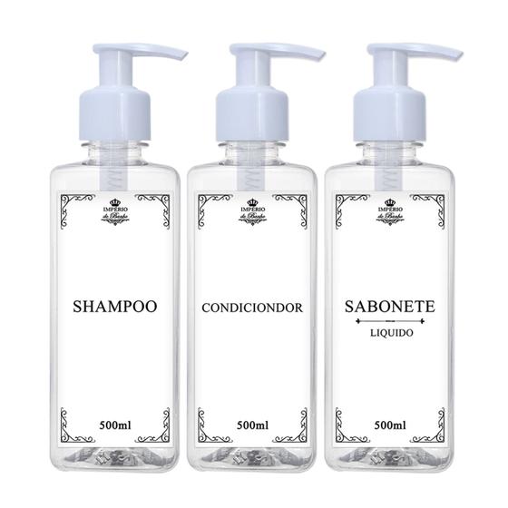 Imagem de Kit 3 Frasco Pet Cristal Quadrado 500ml Shampoo Condicionador com Válvula Pump Decoração Minimalista Banheiro  Pote