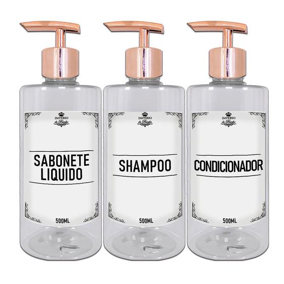 Imagem de Kit 3 Frasco Pet plástico Shampoo Condicionador Saboente Liquido 500ml Valvula Pump Luxo  Mimimalista  Banheiro