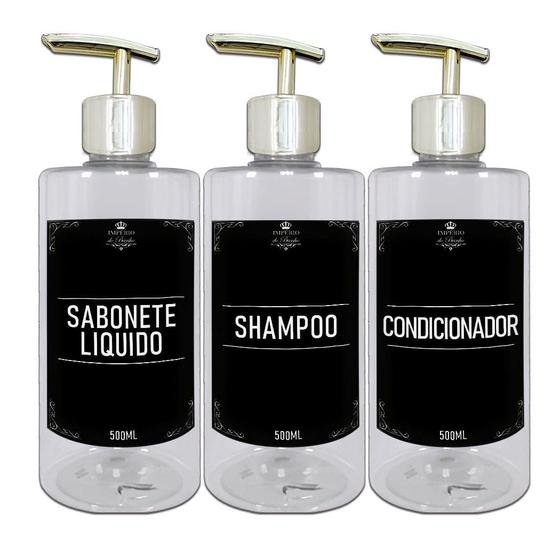 Imagem de Kit 3 Frasco Pet plástico Shampoo Condicionador Saboente Liquido 500ml Valvula Pump Luxo  Mimimalista  Banheiro