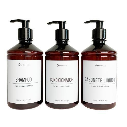 Imagem de Kit 3 Frascos Âmbar 500ml Shampoo, Condicionador e Sabonete