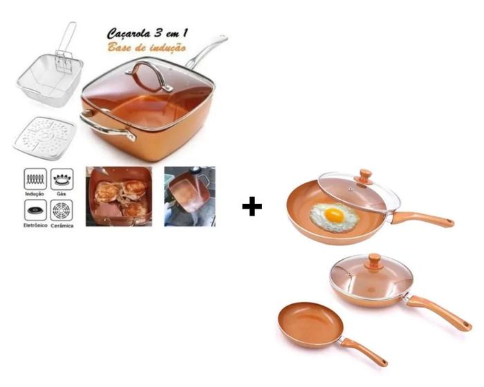 Imagem de Kit 3 Frigideiras Antiaderente  Grandes 20, 24, 28+Panela Caçarola Titânio Antiaderente Maxchef - Nf