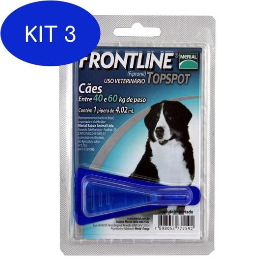 Kit 3 Frontline Top Spot Cães 40 A 60Kg Antipulgas Merial Antipulga e