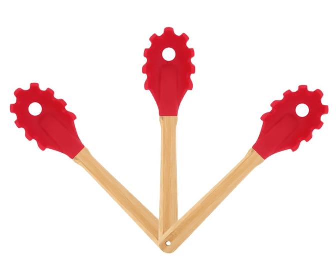 Imagem de Kit 3 Garfos Para Massas de Silicone Cabo de Bamboo Mor Vermelho