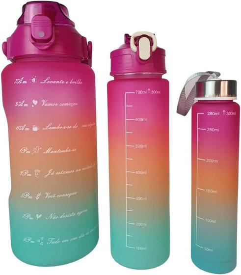 Imagem de Kit 3 Garrafa De Água Escolar Squeeze Motivacional Adesivo 2d e 3d Academia (2L, 670ml e 280ml)