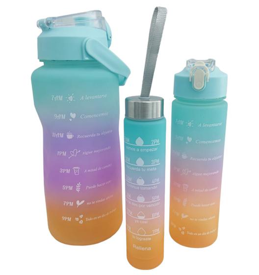 Imagem de Kit 3 garrafa de agua squeeze colorida frases motivacionais 