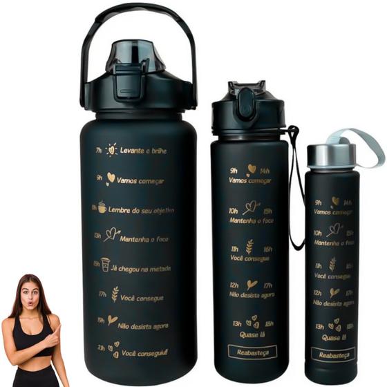 Imagem de Kit 3 Garrafas Água Galão 2l 900ml 300ml Squeeze Motivacional Academia Escola