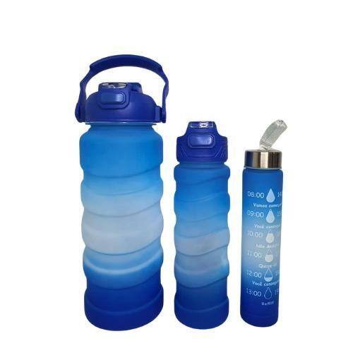 Imagem de KIT 3 Garrafas Água Squeeze Galão com adesivos lembretes beber agua com suporte para celular Design AZUL