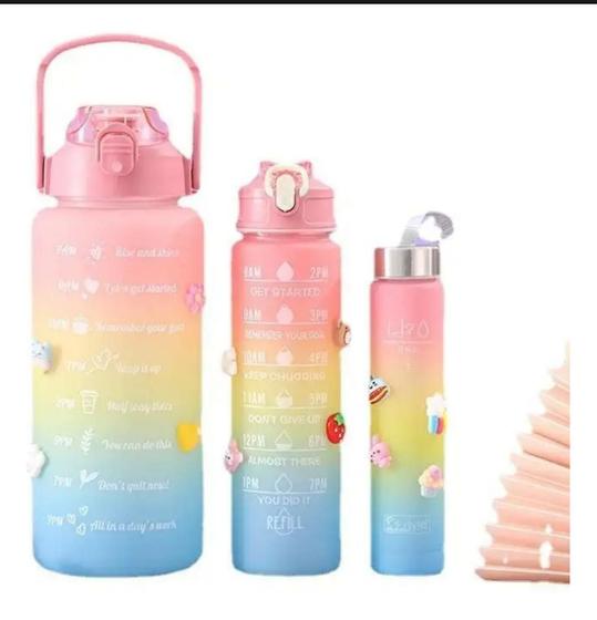 Imagem de Kit 3 Garrafas De Água Motivacional frases 2 Litros 900ml 300ml  Academia Colorida Antivazamento 3D Tie Dye  (Rosa)