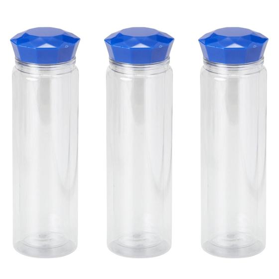 Imagem de Kit 3 Garrafas Transparentes 500ml Parede Dupla Squeeze Tampa Azul