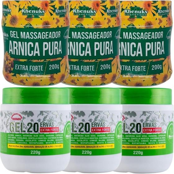 Imagem de Kit 3 Gel Massageador Arnica Pura 200g + 3 Gel 20 Ervas Extra Forte 220g