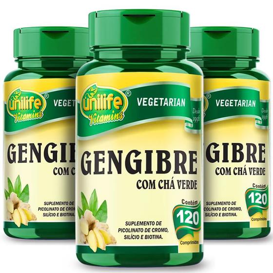 Imagem de KIT 3 GENGIBRE + Chá Verde, Silício, Biotina 120 Comp UNILIFE