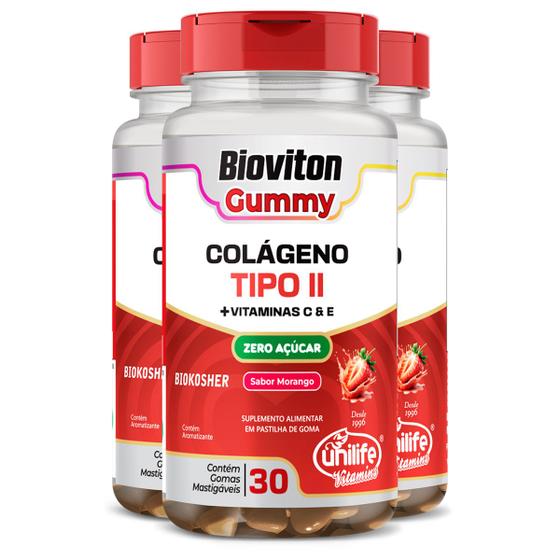 Imagem de Kit 3 Gummy Colágeno Tipo II Morango Unilife 30 gomas