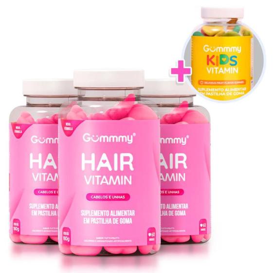 Imagem de Kit 3 Gummy Hair Vitamin Tutti Frutti Vitamina para Cabelo e Unhas + 1 Gummy Kids Vitaminas Para Crianças