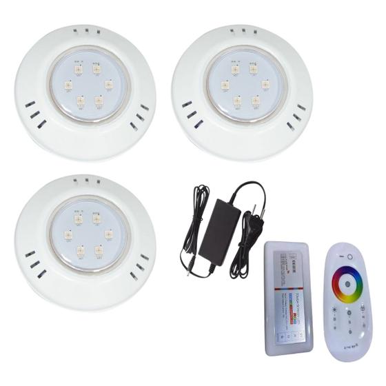 Imagem de Kit 3 Hiper Led 9W Branco Abs Piscina + Controle e Fonte 3A