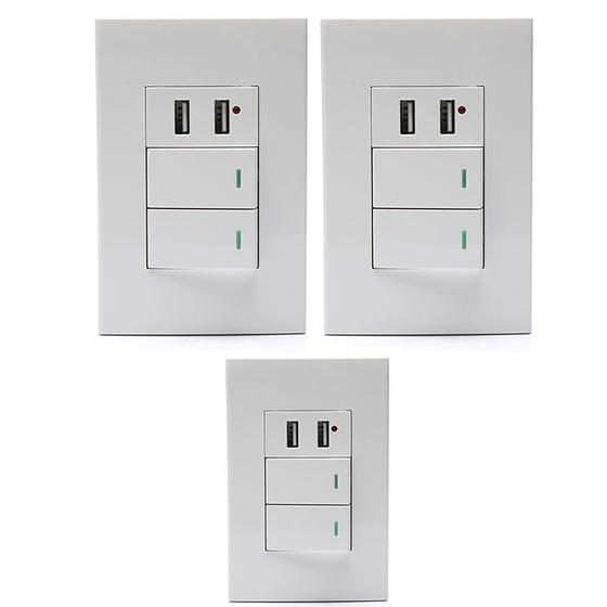 Imagem de Kit 3 Interruptor Duplo Com 2 Portas Usb Adaptador Celular