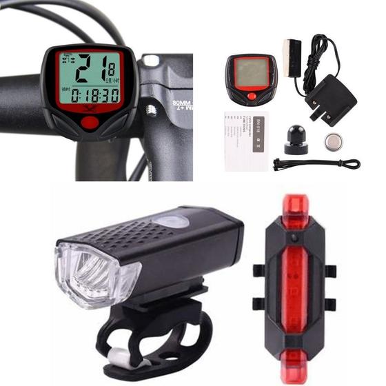 Imagem de kit 3 itens acessórios para bike Lanterna Traseira e frontal + Velocímetro com fio