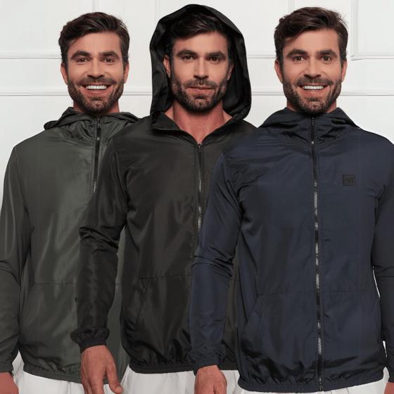 Imagem de Kit 3 Jaqueta Corta Vento Sem Forro Com Capuz E Bolso Masculina