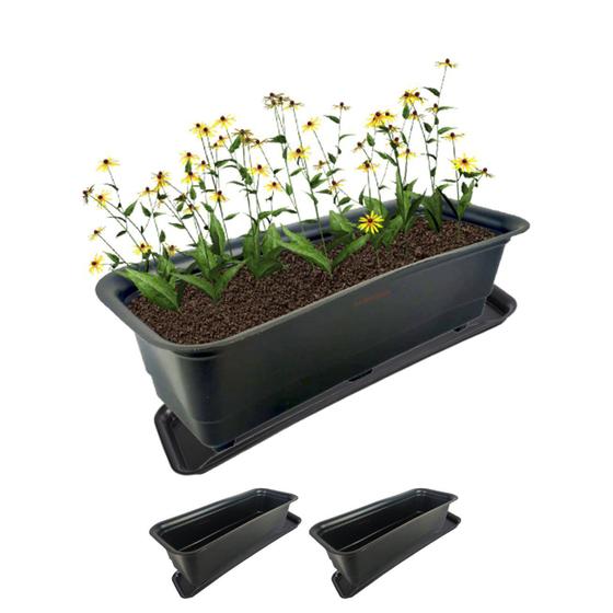 Imagem de Kit 3 Jardineira Vaso Retangular 39cm Plástico Com Base Planta Flor Jardim Preto - AMZ