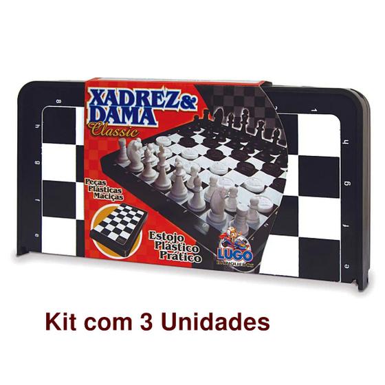 Imagem de Kit 3 JOGO XADREZ E DAMA CLASSIC TABULEIRO ESTOJO PÇ MACIÇAS