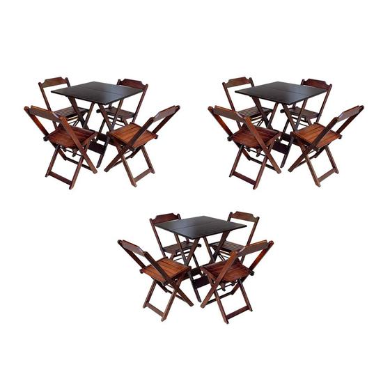 Imagem de Kit 3 Jogos de Mesa Dobravel com 4 Cadeiras de Madeira 70x70 para Restaurante e Bar - Imbuia