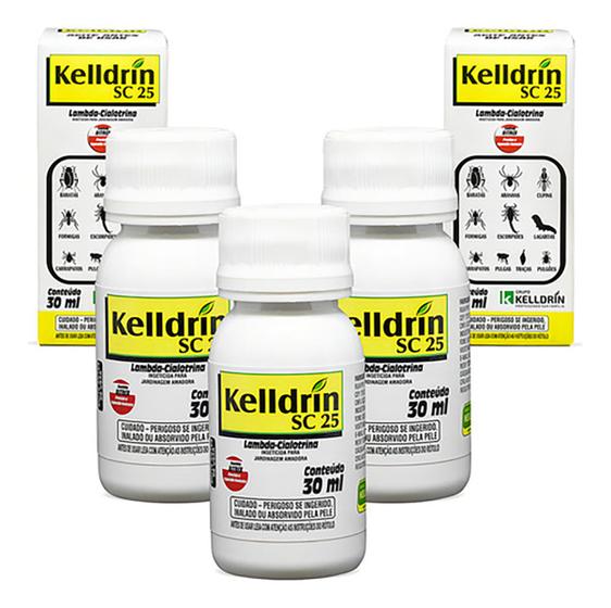 Imagem de KIT 3 Kelldrin Sc 25 Mata Baratas Aranhas Escorpiões Traça Pulga 30ml Inseticida Poderoso Concentrado