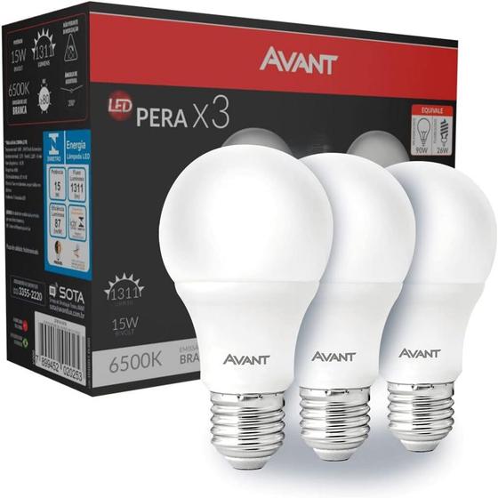 Imagem de Kit 3 Lâmpada LED 15W Luz Branca 6500K Bivolt Bulbo Pera E27 1300 Lumens Avant