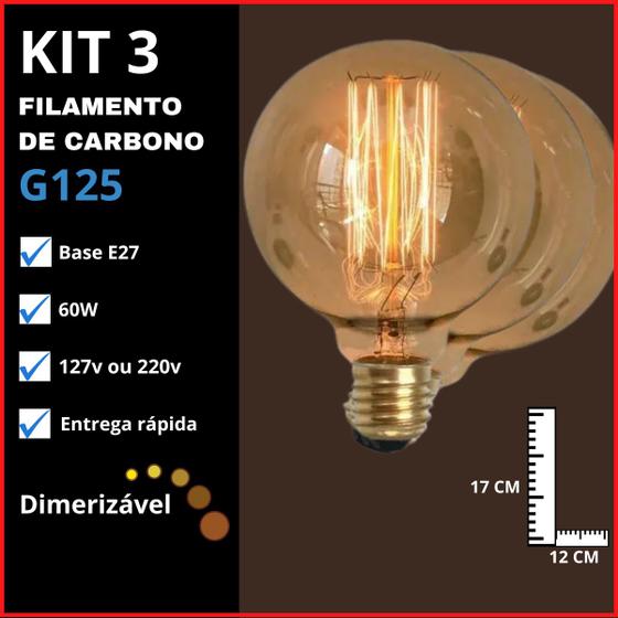 Imagem de Kit 3 Lâmpadas Filamento De Carbono Globo G125 60W Âmbar 2400K