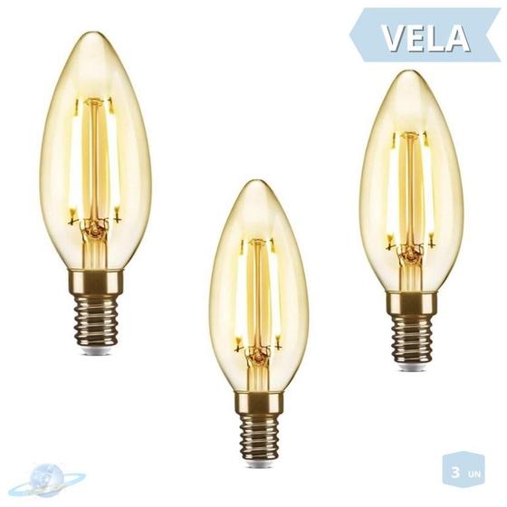 Imagem de Kit 3 Lâmpadas Filamento Led Vela Sem Bico Soquete E14