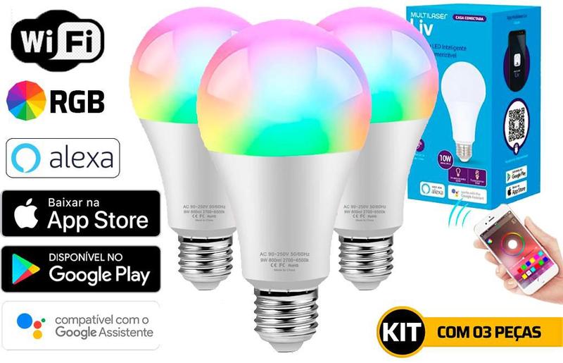 Imagem de Kit 3 Lampadas Inteligente Smart Wifi Google Alexa Colorida