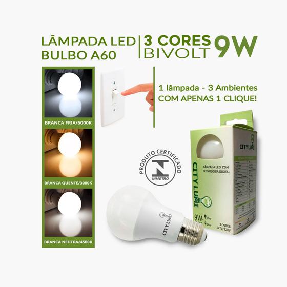 Imagem de Kit 3 Lâmpadas LED 3 TONS de Luz Branca (Fria/Quente/Neutra) A60 9W E27 BIVOLT