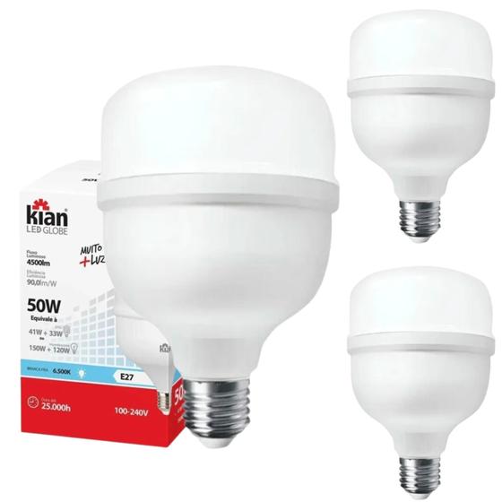 Imagem de Kit 3 Lâmpadas Led 50w Bulbo Forte Iluminação 6500k E27 Branco Frio Bivolt