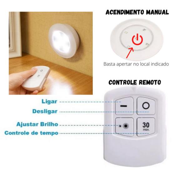 Kit 3 Lâmpadas Luminárias Spot Led Adesivas Com Controle Remoto Sem Fio